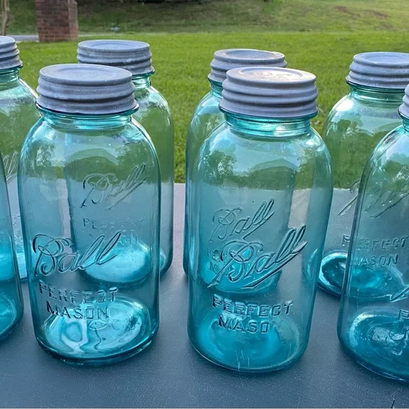 Set of 8 1/2 Gallon Vintage(1910) Ball Glass Jars with Original Zinc Lids